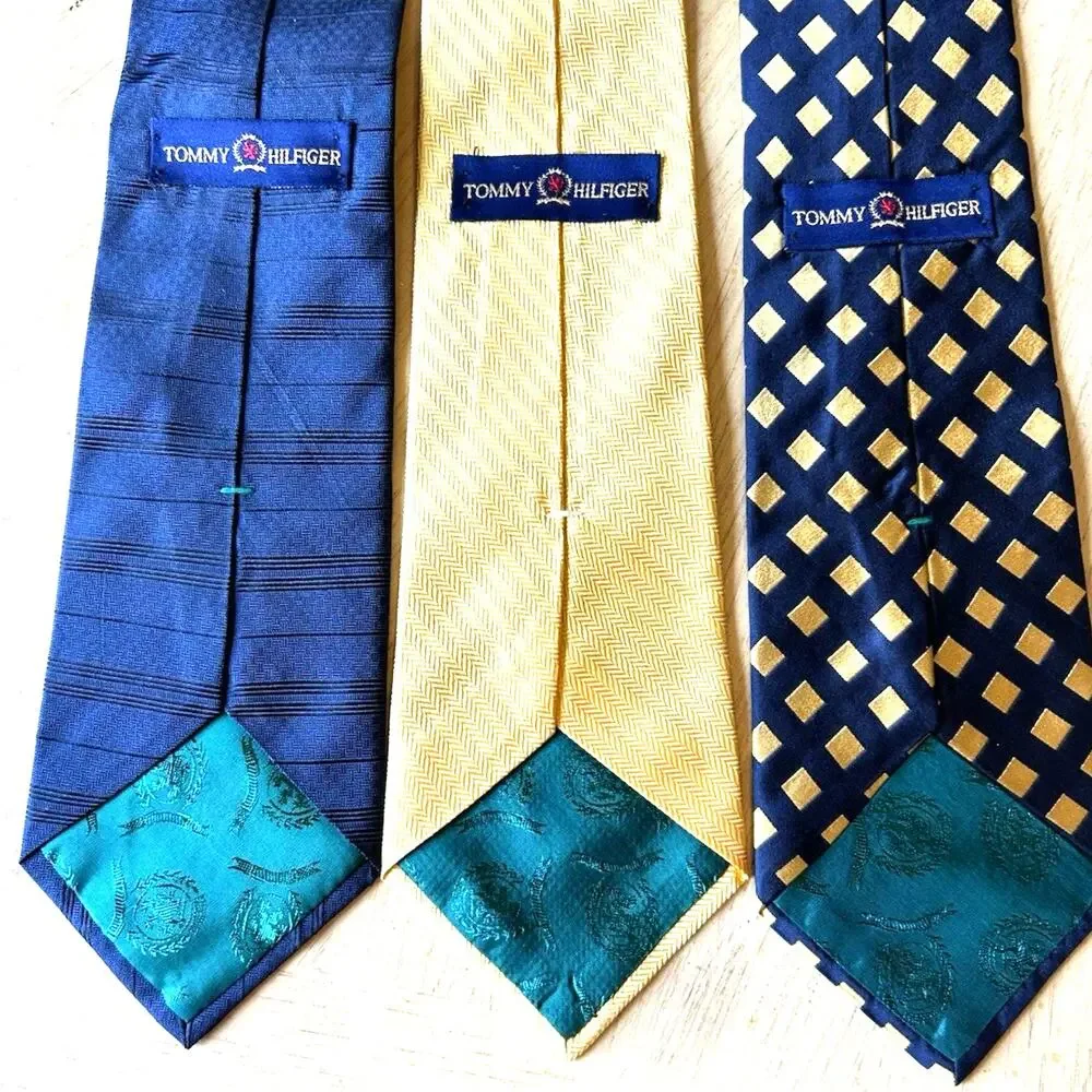 VTG 90s Tommy Hilfiger Silk Ties Neckties Navy Blue Gold Crest Logo USA Lot Of 3